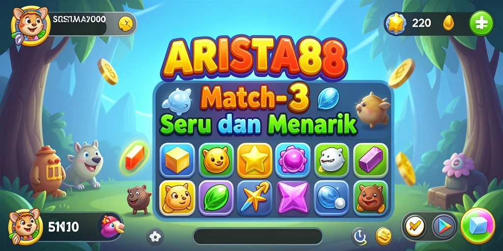 Tampilan gameplay ARISTA88 yang menarik dengan elemen Match-3 yang penuh warna.