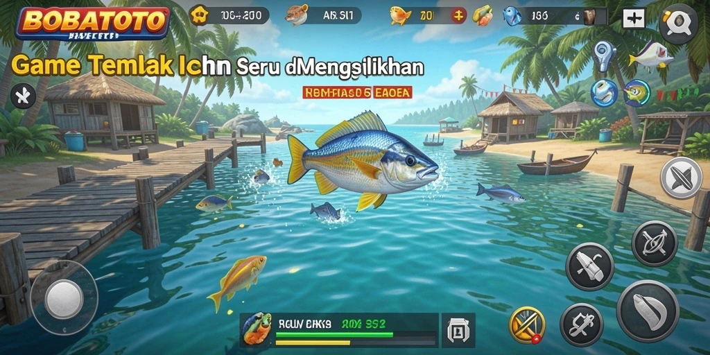 Screenshot gameplay BOBATOTO dengan ikan berwarna-warni di bawah laut.