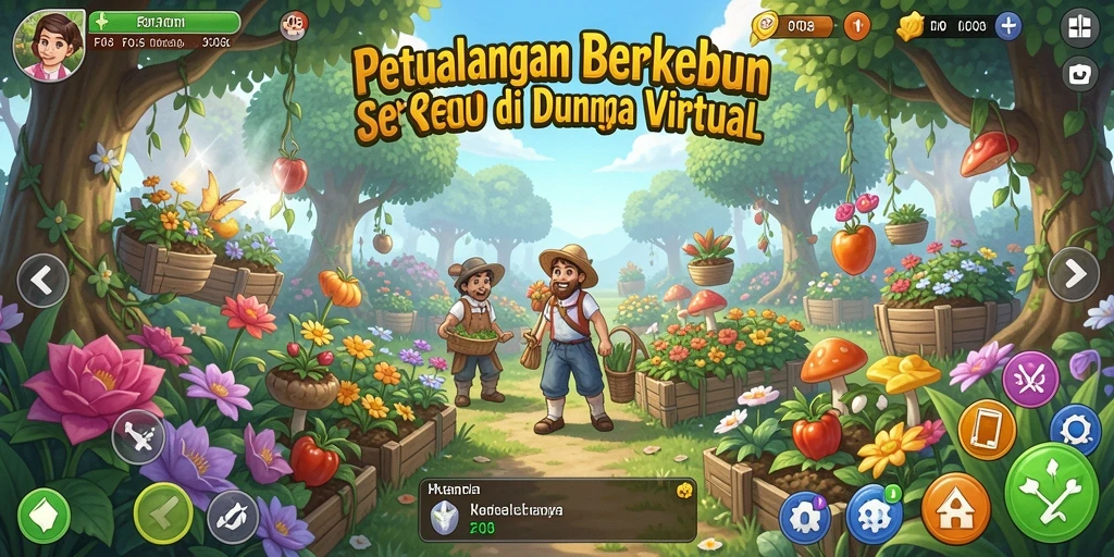 Tangkapan layar gameplay F08 dengan tampilan kebun yang indah.