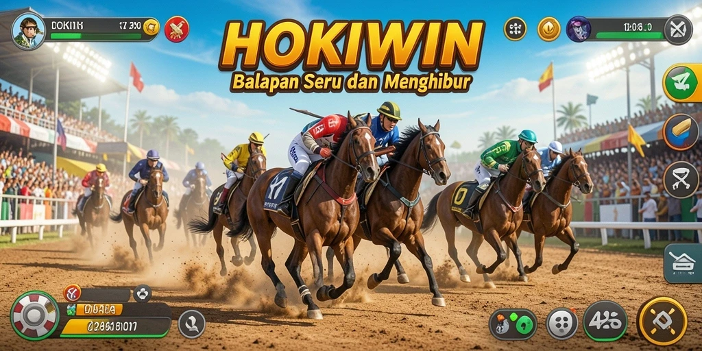 Screenshot gameplay HOKIWIN dengan aksi balapan yang mendebarkan.