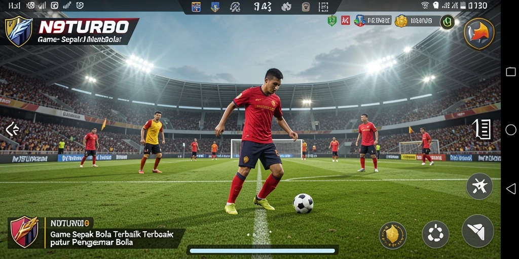 Screenshot gameplay N9TURBO menampilkan aksi seru di lapangan sepak bola.