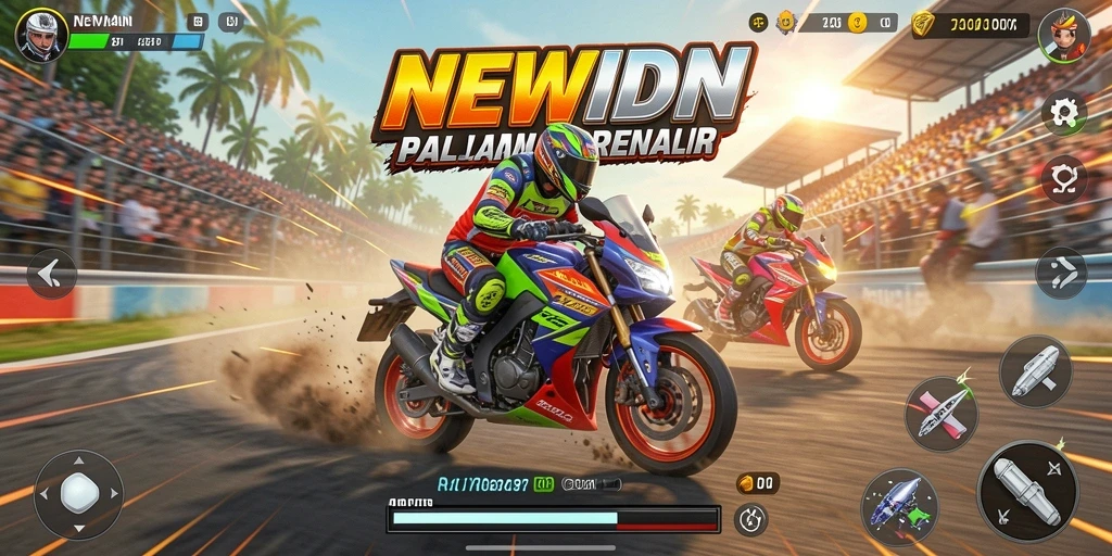 Screenshot gameplay <strong>NEWIDN</strong> menampilkan aksi balapan motor yang menegangkan.